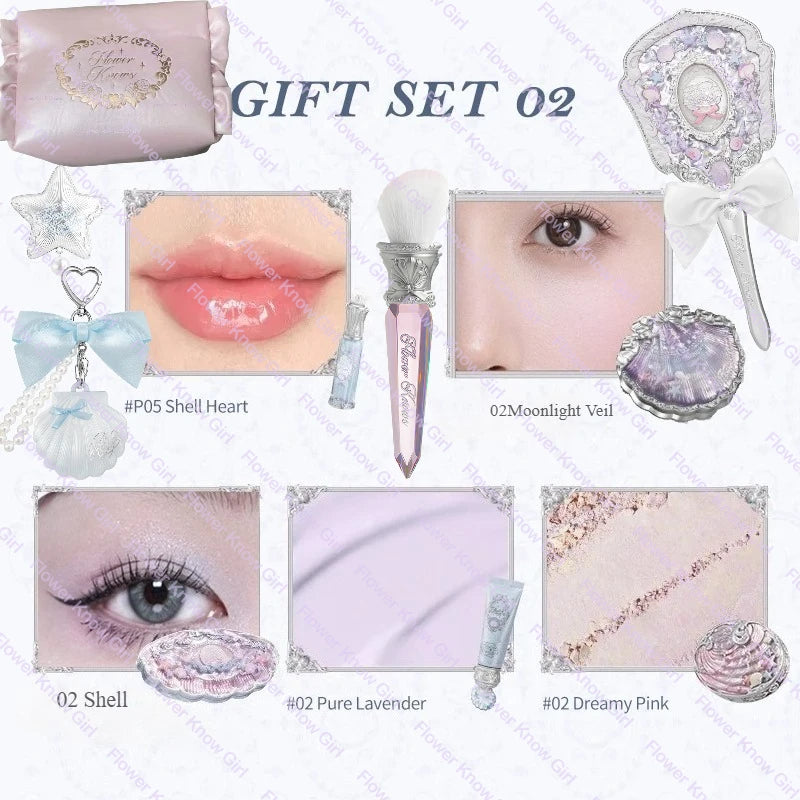 Flower Knows Shell's Jewel Makeup Gift Set – Eyeshadow, Blush, Lip Glaze, Primer, Powder & Bag