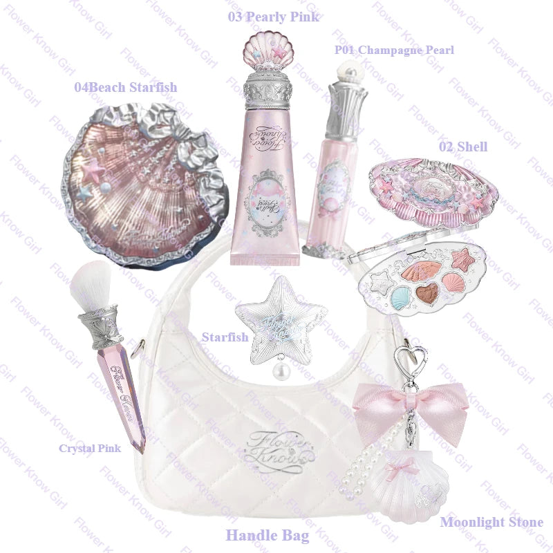 Flower Knows Shell's Jewel Mermaid Glow Set – Eyeshadow, Blush, Lip Gloss & Primer with Bag