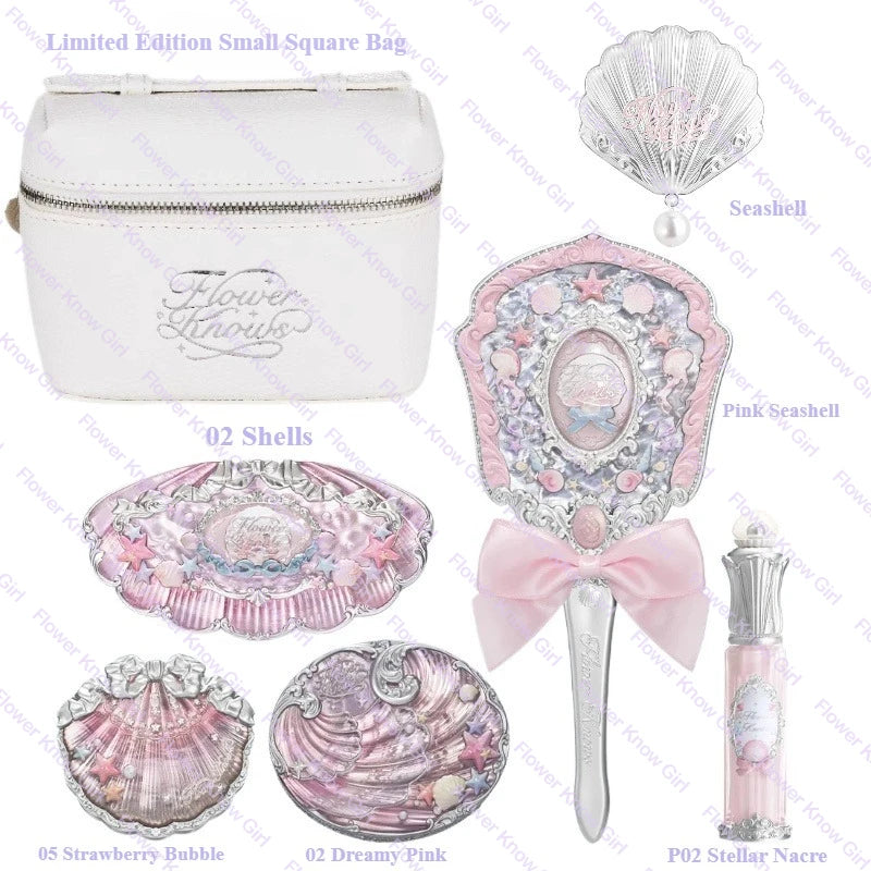 Flower Knows Shell's Jewel Mermaid Glow Set – Eyeshadow, Blush, Lip Gloss & Primer with Bag