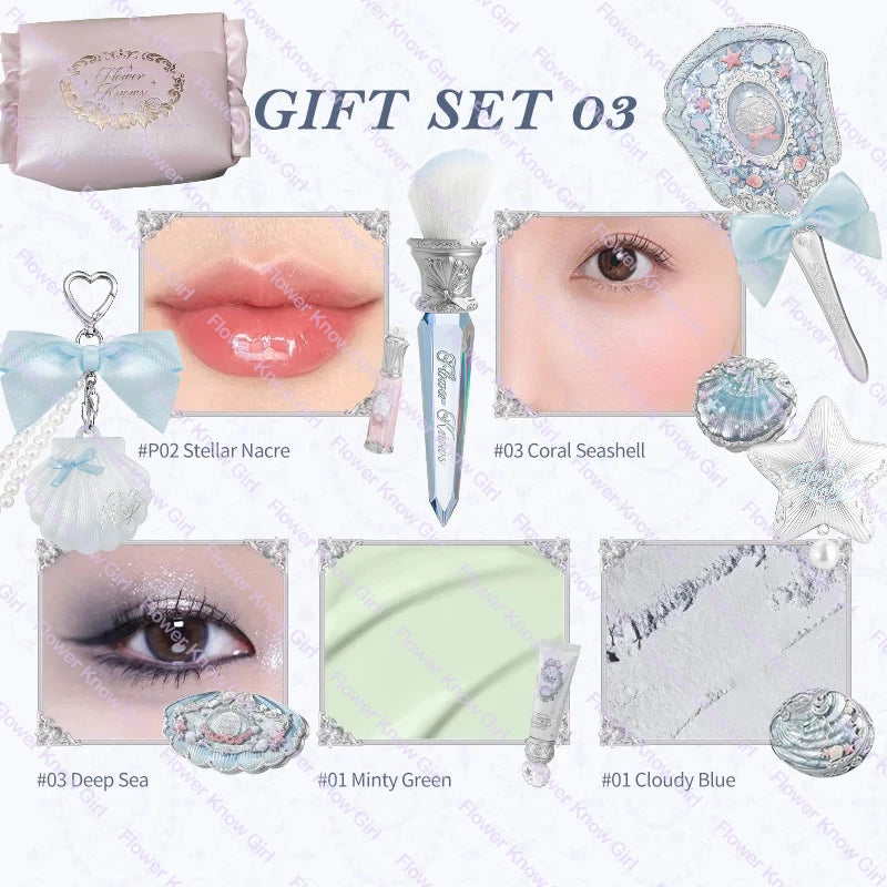 Flower Knows Shell's Jewel Makeup Gift Set – Eyeshadow, Blush, Lip Glaze, Primer, Powder & Bag