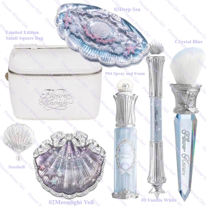 Flower Knows Shell's Jewel Mermaid Glow Set – Eyeshadow, Blush, Lip Gloss & Primer with Bag