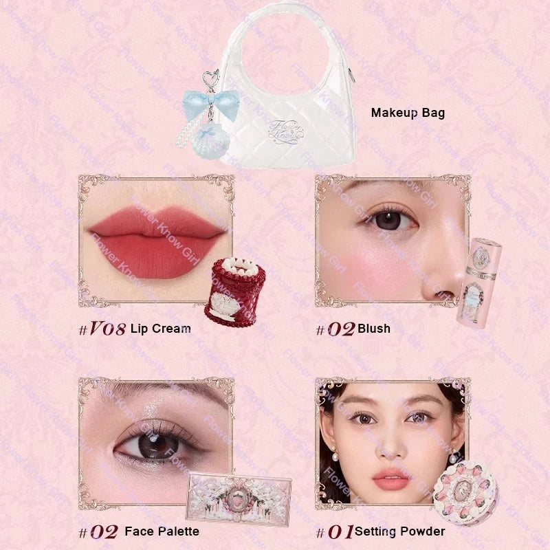 Flower Knows Strawberry Cupid Makeup Set – Full Kit Gift Box with Eyeshadow, Lip Cream, Blush & Powder