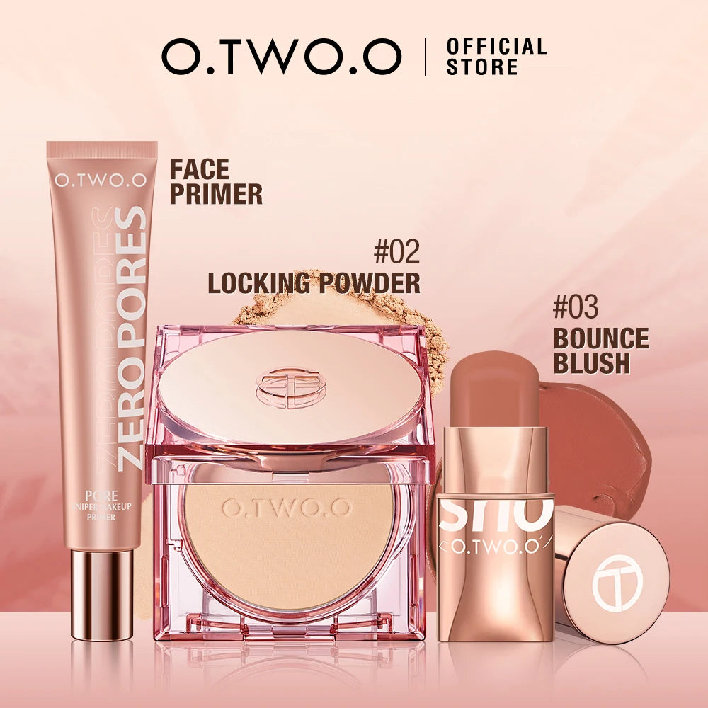 O.TWO.O 3-Piece Makeup Set – Lipstick, Blush Stick, Primer & Setting Powder (SPF 30PA+)