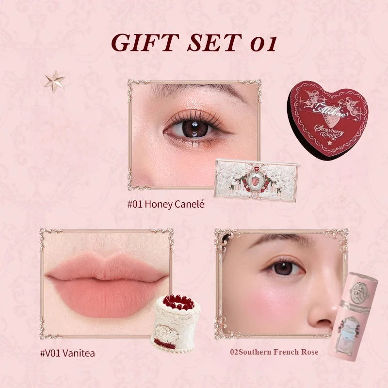 Flower Knows Strawberry Cupid Makeup Gift Set – Palette, Lip Cream, Blush & Puff