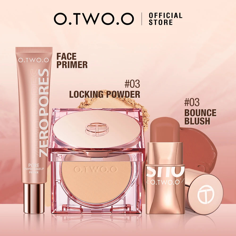 O.TWO.O 3-Piece Makeup Set – Lipstick, Blush Stick, Primer & Setting Powder (SPF 30PA+)