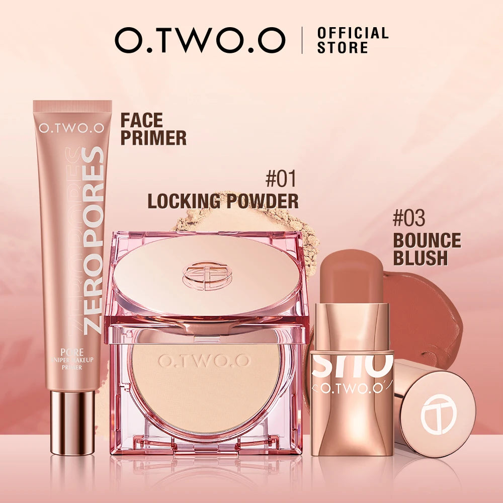 O.TWO.O 3-Piece Makeup Set – Lipstick, Blush Stick, Primer & Setting Powder (SPF 30PA+)