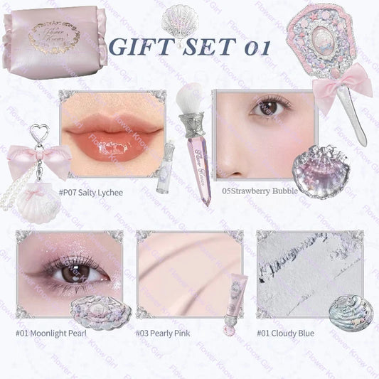 Flower Knows Shell's Jewel Makeup Gift Set – Eyeshadow, Blush, Lip Glaze, Primer, Powder & Bag
