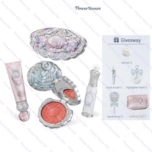 Flower Knows Shell's Jewel Makeup Gift Set – Eyeshadow, Blush, Lip Glaze, Primer, Powder & Bag