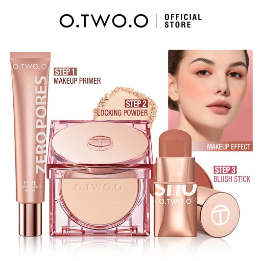 O.TWO.O 3-Piece Makeup Set – Lipstick, Blush Stick, Primer & Setting Powder (SPF 30PA+)