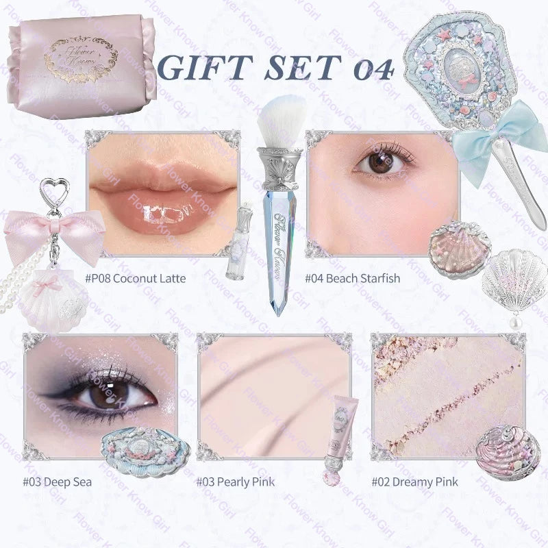 Flower Knows Shell's Jewel Makeup Gift Set – Eyeshadow, Blush, Lip Glaze, Primer, Powder & Bag